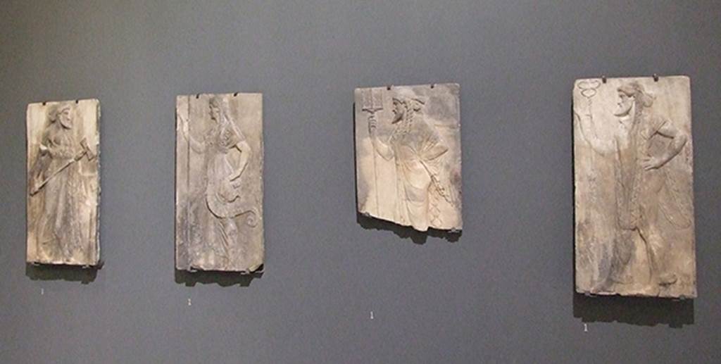 Herculaneum, March 2009. Sacred Area terrace, the shrine of Four Gods.
Original reliefs of the four gods on display in Naples Museum.
From the left are Vulcan, Minerva, Neptune and Mercury. Now in Naples Archaeological Museum. Inventory number s.n.